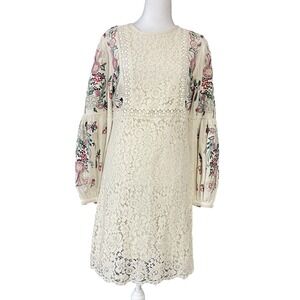 Let Me Be Dress Womens Small Lace Embroidered Floral Boho Long Sleeve Anthropolo